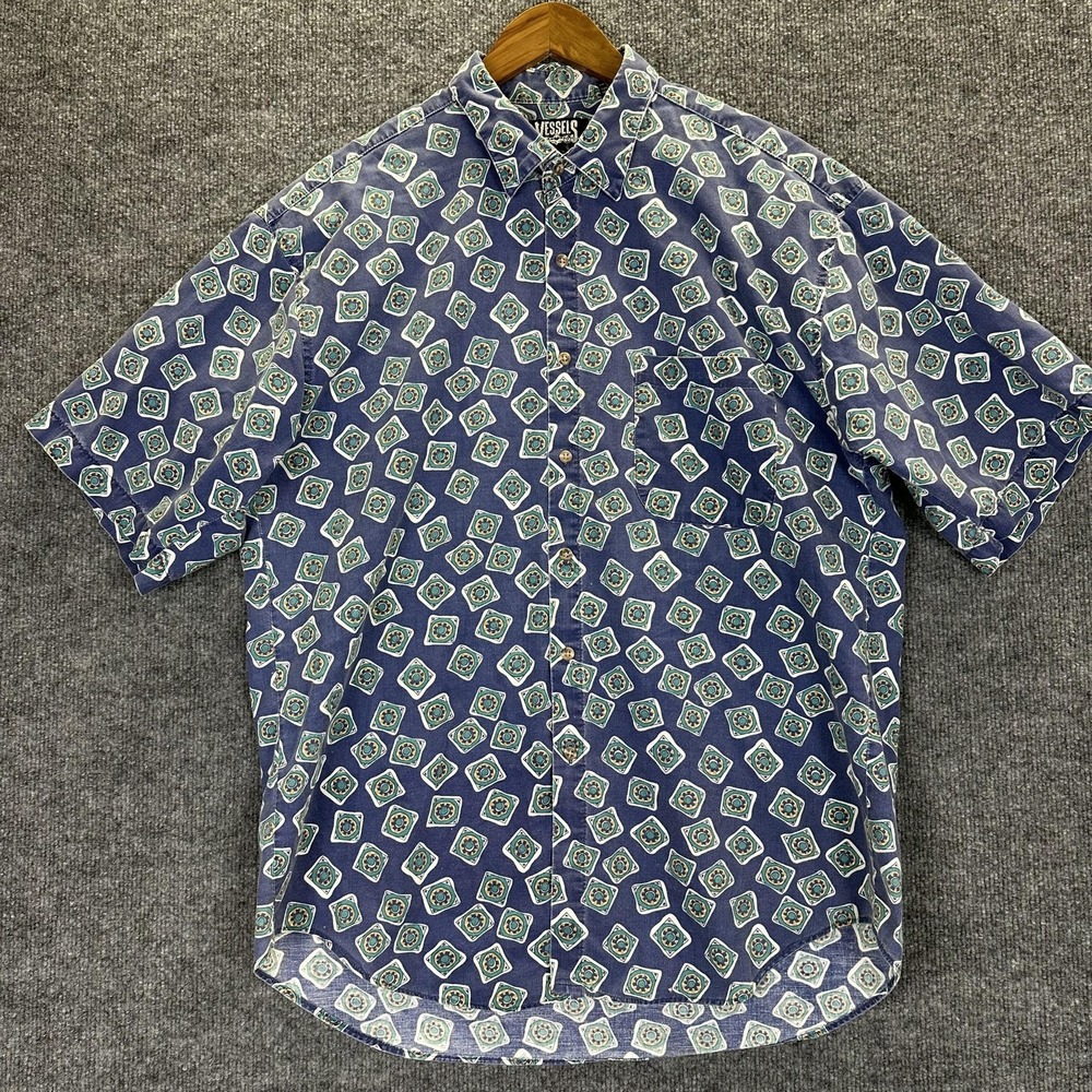Vintage Vessels Shirt Mens Large Blue Geometric Print Short Sleeve Made USA